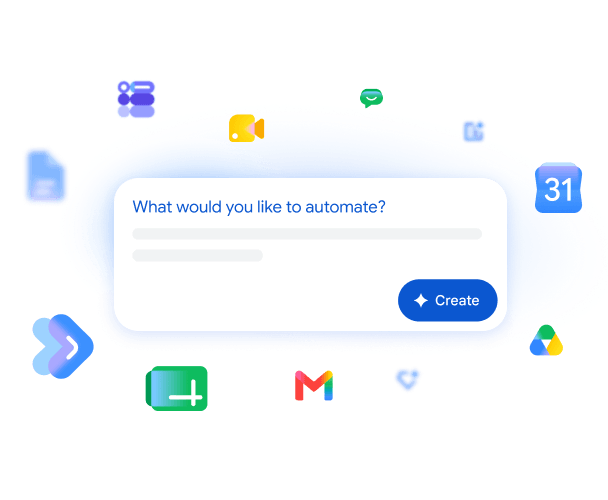 What would you like to automate 입력창과 Create 버튼, Gmail과 Calendar 등 Workspace 앱 아이콘이 보이는 공식 화면