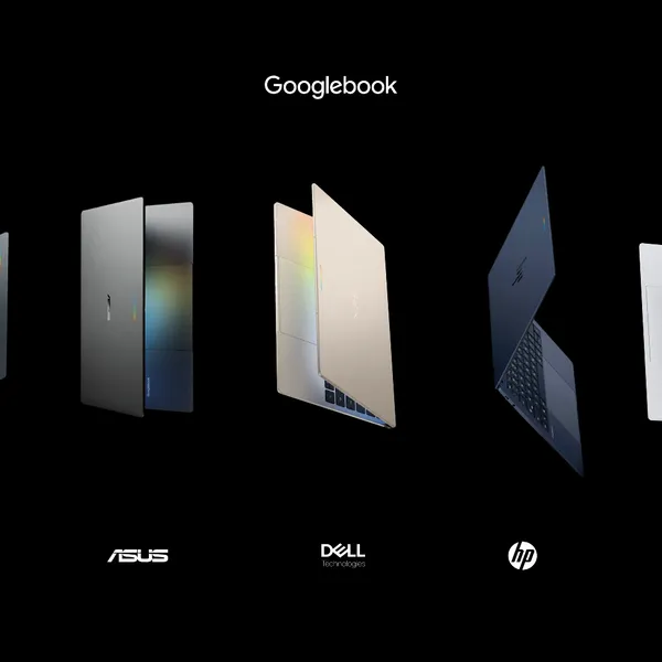 검은 배경에 Googlebook 기기 여러 대를 비스듬히 세워 나란히 놓은 제품 사진. 위쪽에 Googlebook 글자가 있고 기기 아래에 ASUS, Dell Technologies, HP 제조사 로고가 차례로 적혀 있다