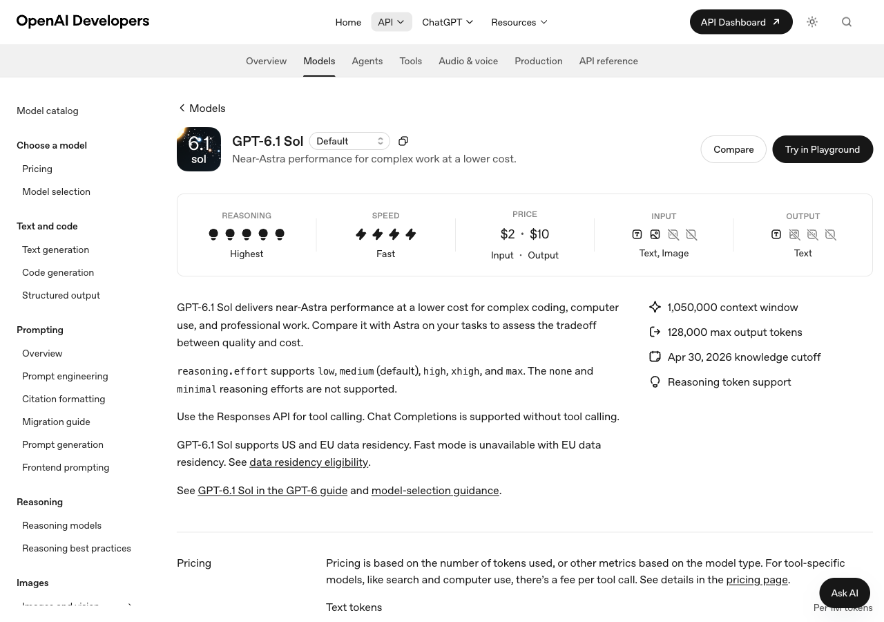 OpenAI API 문서의 GPT-6.1 Sol 페이지. reasoning.effort는 low부터 max까지 지원하고 none과 minimal은 지원하지 않는다는 문장, Chat Completions에서는 도구 호출을 지원하지 않는다는 문장이 보인다