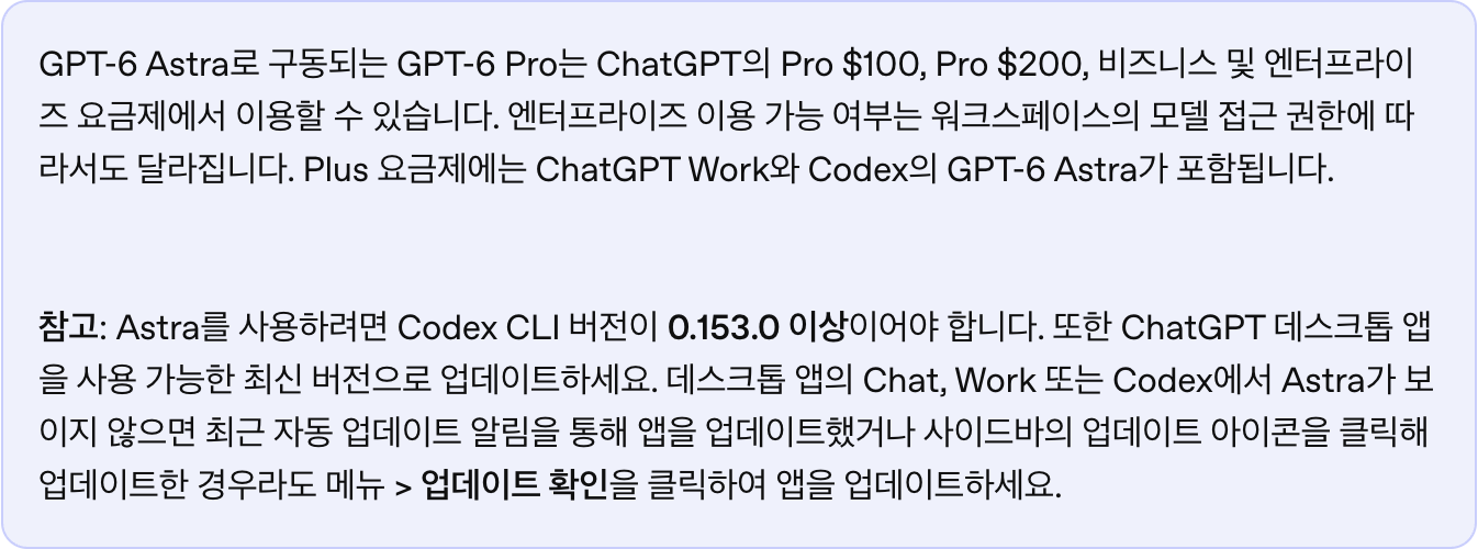 OpenAI 도움말 문서 상단의 안내 박스. GPT-6 Astra로 구동되는 GPT-6 Pro는 Pro $100, Pro $200, 비즈니스, 엔터프라이즈 요금제에서 이용할 수 있고, Plus 요금제에는 ChatGPT Work와 Codex의 GPT-6 Astra가 포함되며, Astra를 쓰려면 Codex CLI 버전이 0.153.0 이상이어야 한다고 적혀 있다