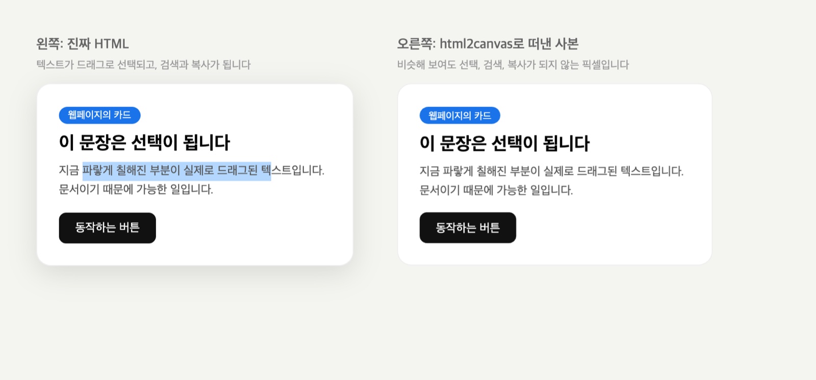 왼쪽은 진짜 HTML 카드로 본문 텍스트 일부가 파랗게 드래그 선택되어 있고, 오른쪽은 html2canvas로 떠낸 사본이라 겉모습은 거의 같지만 텍스트 선택이 되지 않는다