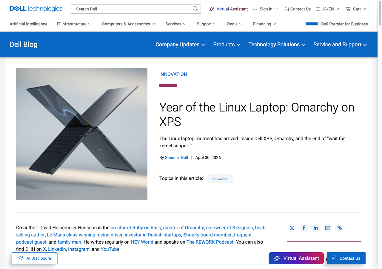 Dell 공식 블로그 "Year of the Linux Laptop: Omarchy on XPS" 글의 상단. 2026년 4월 30일 게시, XPS 노트북 사진과 함께 DHH가 공동 저자로 표시되어 있다