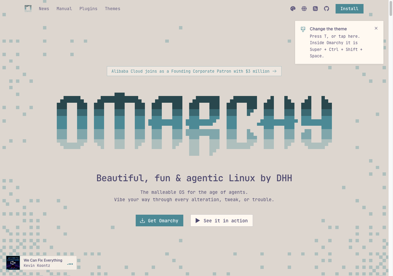 omarchy.org 첫 화면. "Beautiful, fun & agentic Linux by DHH"라는 제목 아래 "The malleable OS for the age of agents"라는 설명이 있고, 상단에 알리바바 클라우드가 300만 달러 후원사로 합류했다는 배너가 떠 있다