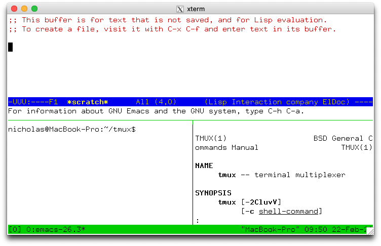 tmux 공식 위키의 칸 나누기 화면. 위쪽 칸에는 편집기가, 아래 왼쪽 칸에는 셸 프롬프트가, 아래 오른쪽 칸에는 tmux 매뉴얼이 동시에 떠 있음