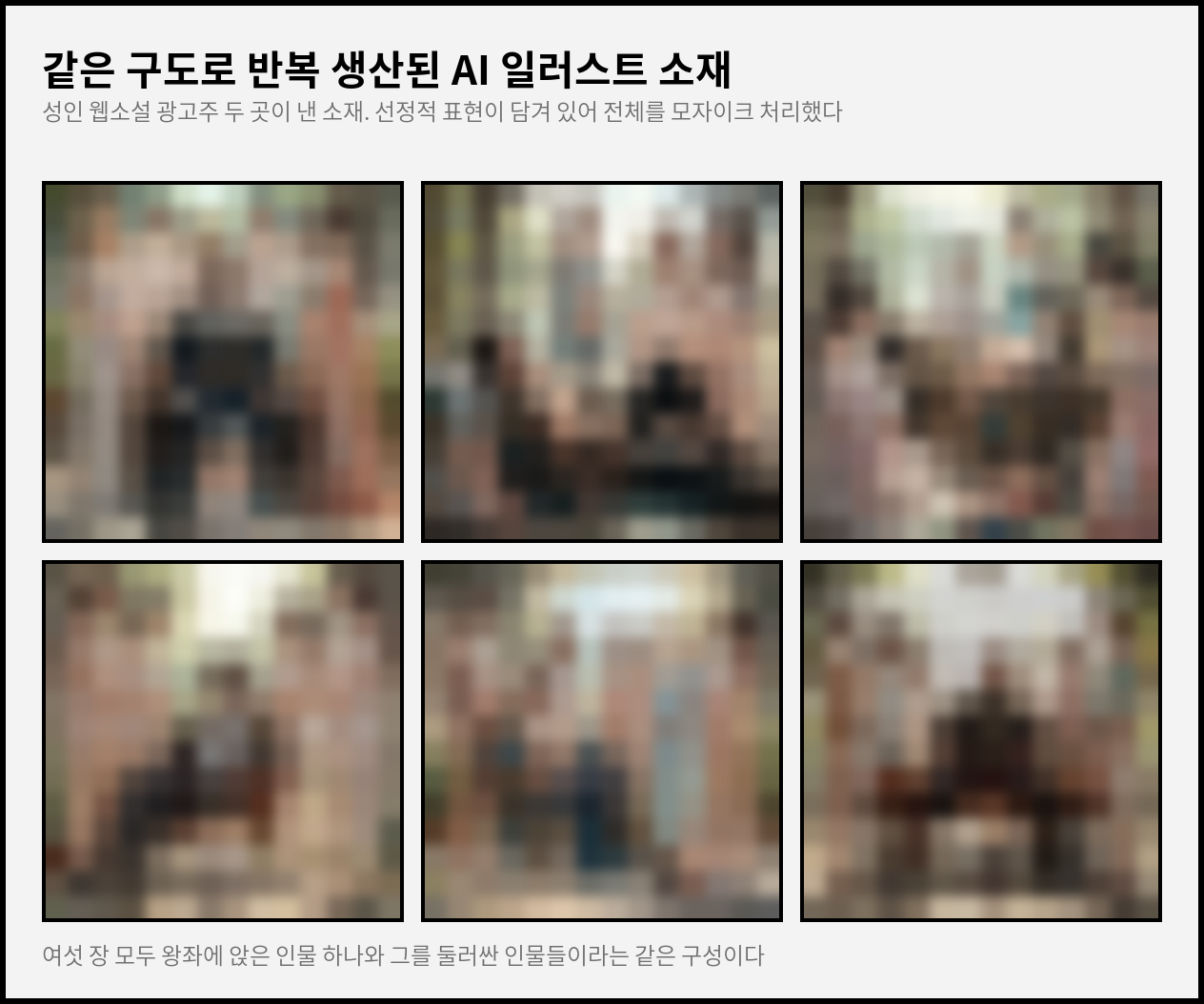 AI로 그린 광고 일러스트 여섯 장을 모자이크 처리해 나란히 놓은 도표. 여섯 장 모두 가운데 앉은 인물 하나와 그를 둘러싼 인물들이라는 같은 구성을 쓴다