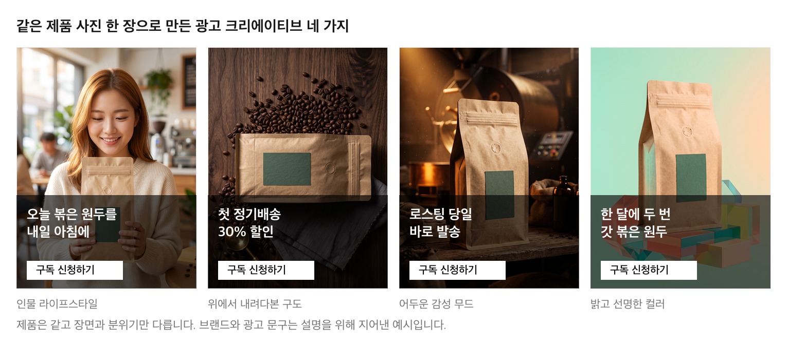 원두 봉투 사진 한 장으로 만든 광고 이미지 네 가지. 인물 라이프스타일, 위에서 내려다본 구도, 어두운 감성 무드, 밝고 선명한 컬러 순으로 같은 제품이 다른 장면에 놓여 있다