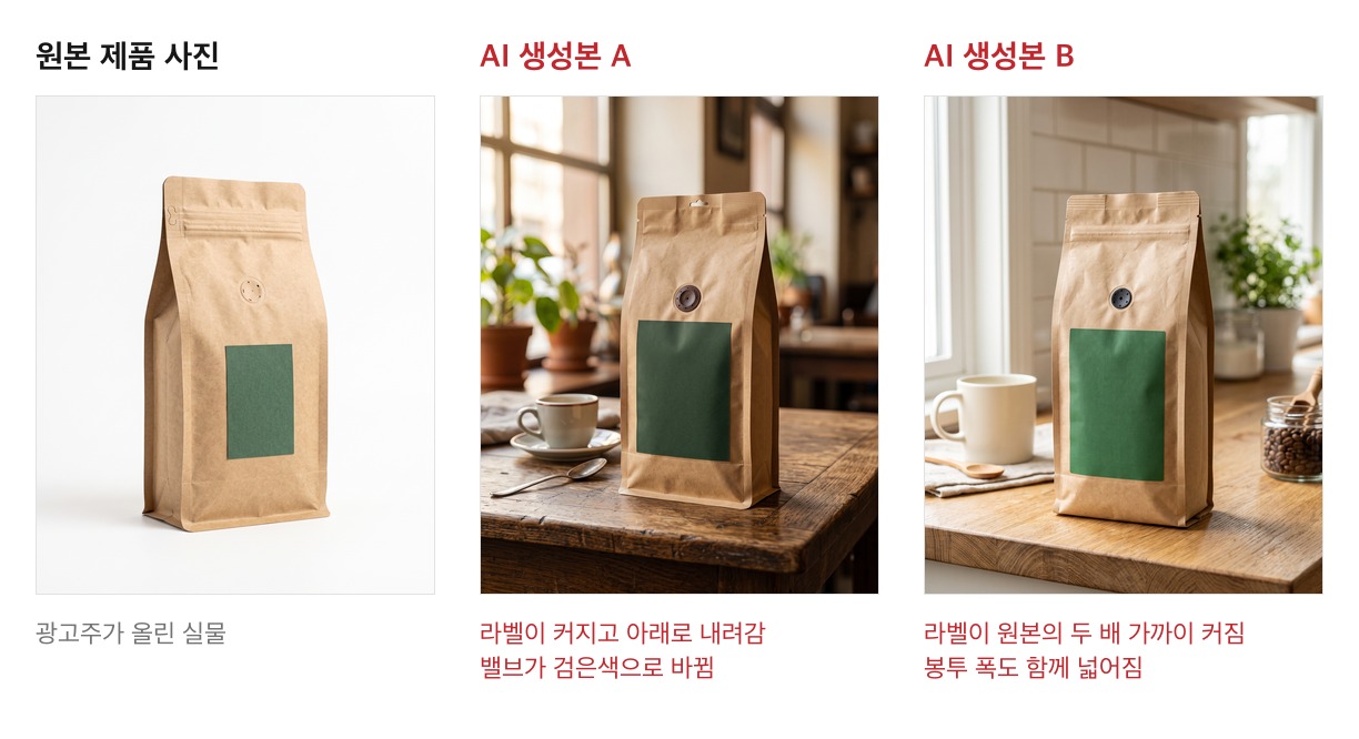 원본 원두 봉투 사진과 AI 생성본 두 장을 나란히 놓은 비교 이미지. 생성본은 라벨이 커지고 아래로 내려갔거나 라벨이 원본의 두 배 가까이 커지고 봉투 폭도 넓어졌다