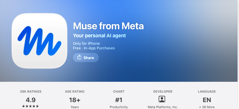 미국 앱스토어의 Muse from Meta 페이지. 평가 3.8만 개에 평점 4.9, 18세 이상, 생산성 차트 1위, 개발사 Meta Platforms가 표시되어 있다