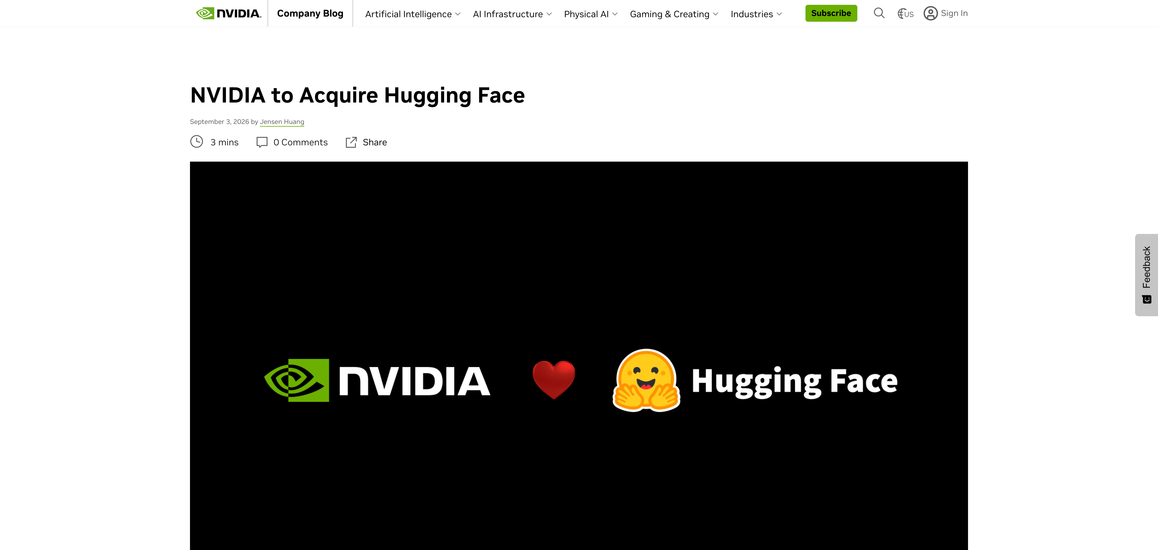 엔비디아 공식 블로그의 허깅페이스 인수 발표 화면. NVIDIA to Acquire Hugging Face라는 제목 아래 2026년 9월 3일 젠슨 황 작성으로 표시돼 있고 두 회사 로고가 하트를 사이에 두고 나란히 놓여 있다
