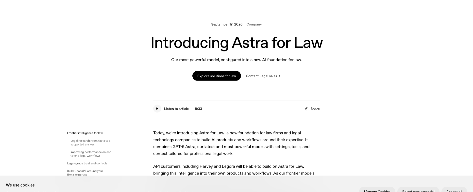 OpenAI 공식 발표 페이지 Introducing Astra for Law의 상단 화면. 제목과 발표일 2026년 9월 17일, 법률 실무를 위한 새 기반이라는 소개 문장이 보인다