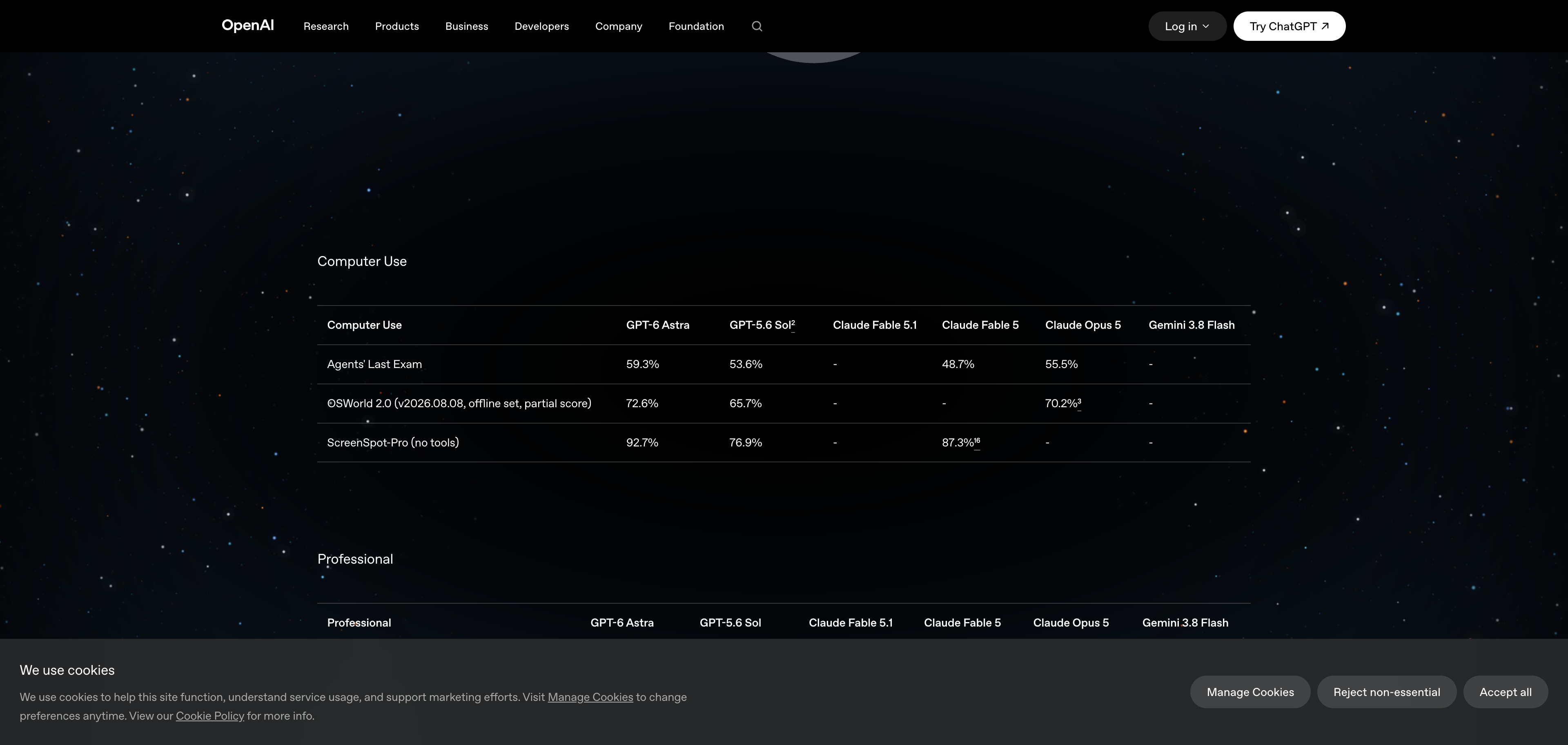 OpenAI 공식 발표에 실린 컴퓨터 사용 벤치마크 표. GPT-6 아스트라와 GPT-5.6 Sol, 클로드 계열, 제미나이 3.8 플래시의 Agents Last Exam과 OSWorld 2.0, ScreenSpot-Pro 점수가 나란히 놓여 있다