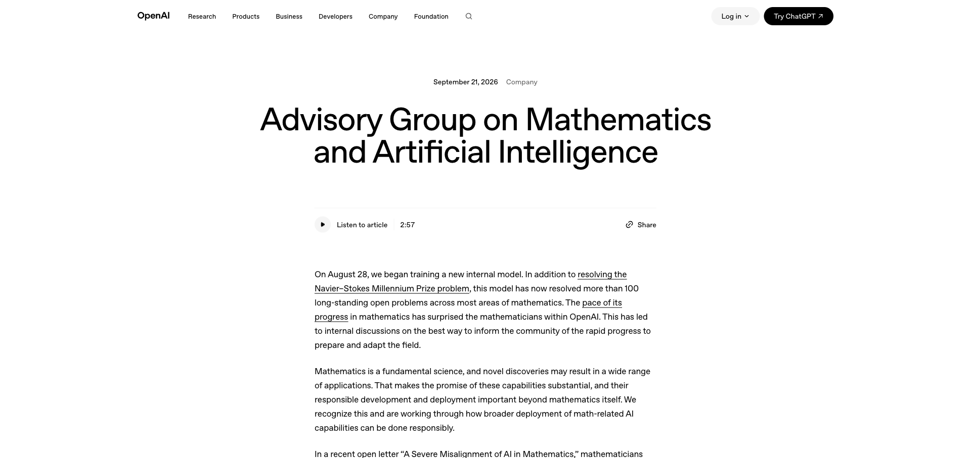 OpenAI 공식 사이트의 발표 페이지. 2026년 9월 21일 날짜와 Company 분류 아래 Advisory Group on Mathematics and Artificial Intelligence라는 제목이 크게 적혀 있고, 본문 첫 문단에 8월 28일 새 내부 모델 학습을 시작했으며 나비에-스토크스 밀레니엄 문제 외에 100건이 넘는 오래된 미해결 문제를 풀었다는 내용이 보인다