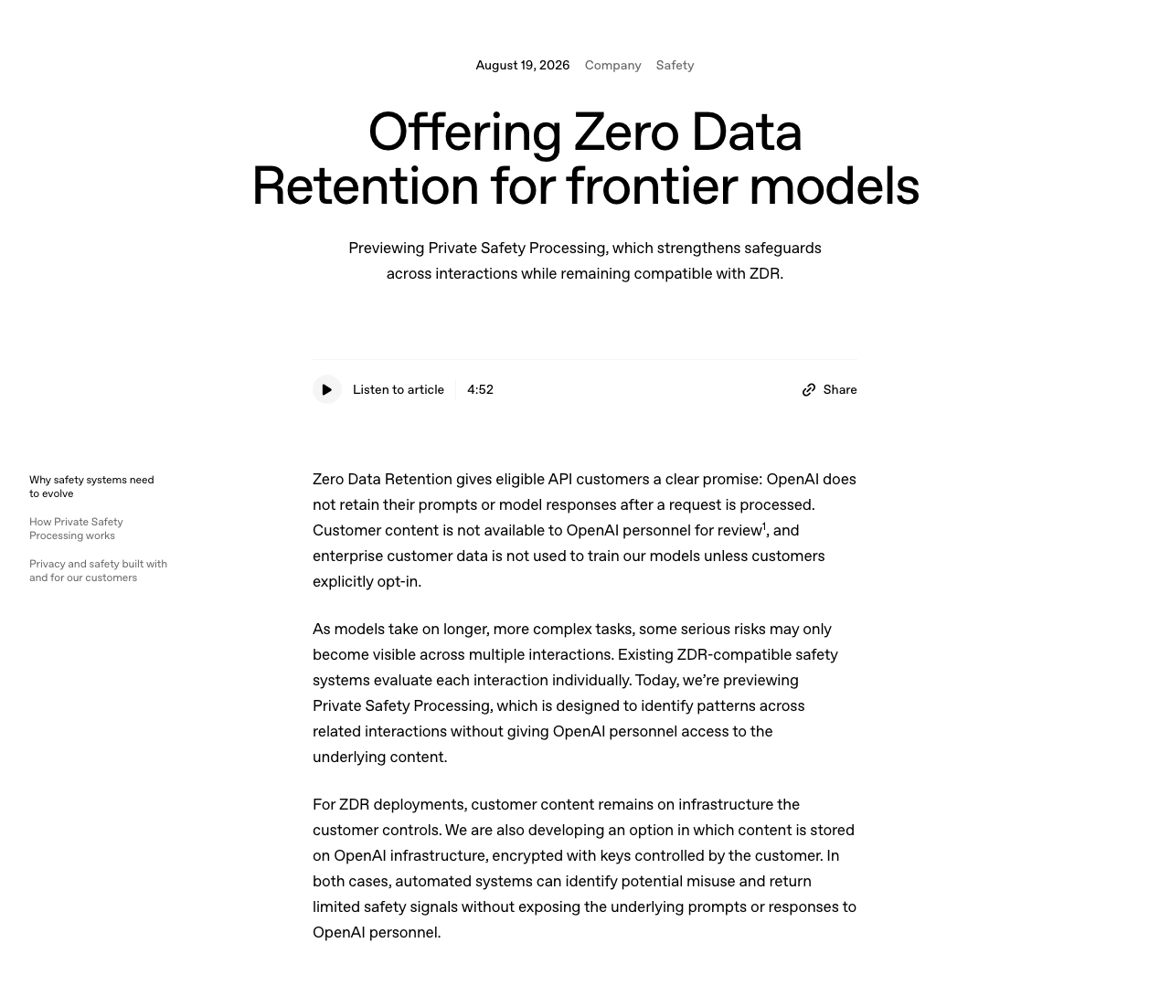 OpenAI 공식 발표 페이지. 2026년 8월 19일자로 Offering Zero Data Retention for frontier models라는 제목과 함께 Private Safety Processing을 미리 공개한다는 설명이 실려 있다