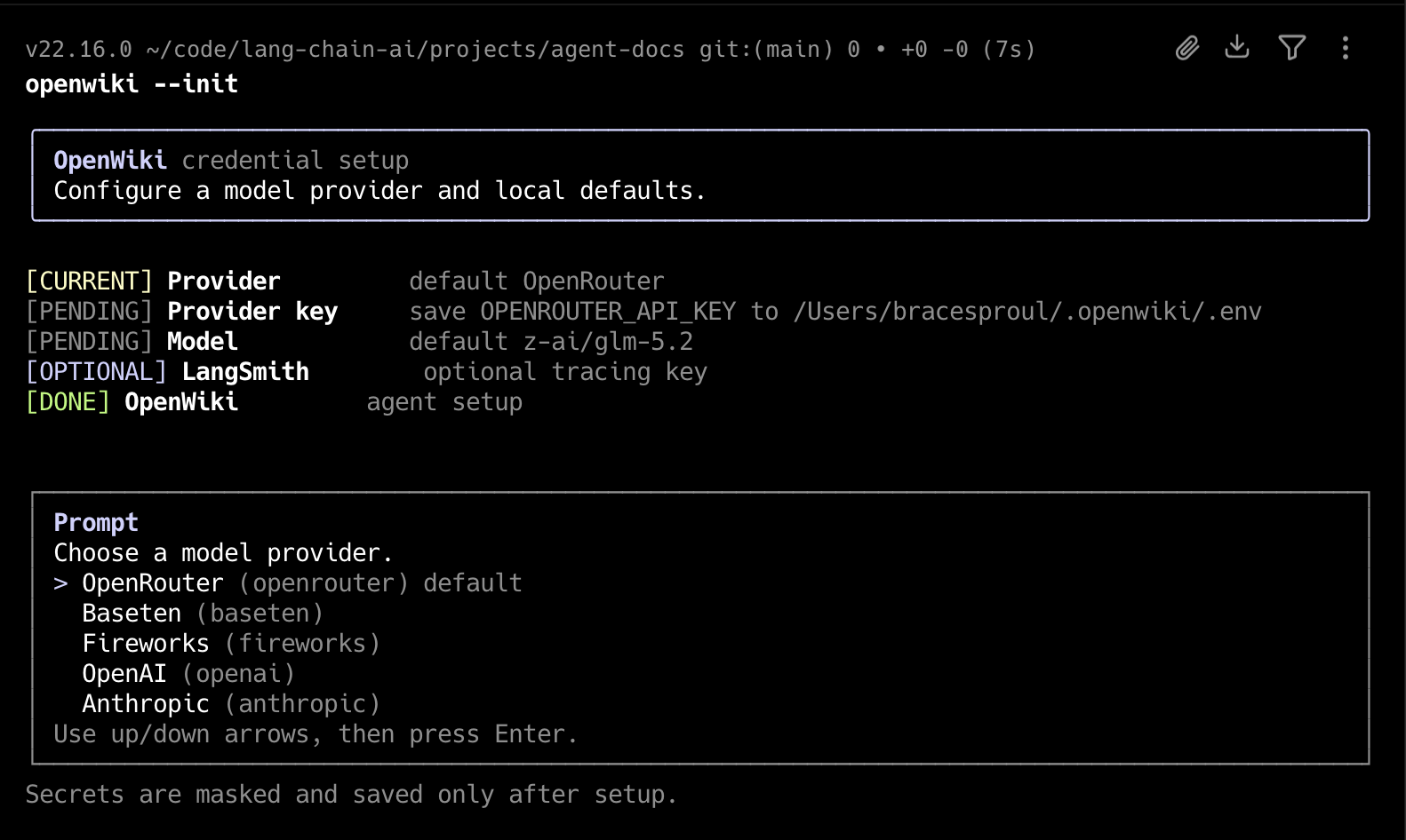 openwiki --init 실행 화면. 터미널에서 모델 제공자 선택 목록과 API 키, LangSmith 설정 단계가 표시된다