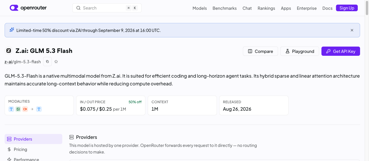 OpenRouter의 Z.ai GLM 5.3 Flash 모델 페이지. 상단에 2026년 9월 9일 16시 UTC까지 50% 할인 안내가 있고, 네이티브 멀티모달 모델이라는 설명과 함께 100만 토큰당 0.075달러 대 0.25달러 가격, 컨텍스트 1M, 공개일 2026년 8월 26일이 표시되어 있다