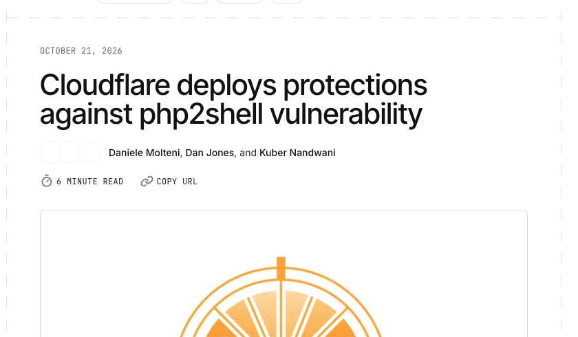 Cloudflare 블로그의 2026년 10월 21일 글 화면. 제목은 Cloudflare deploys protections against php2shell vulnerability이고 작성자 세 명의 이름과 Managed Rules, php, Security 태그가 보인다