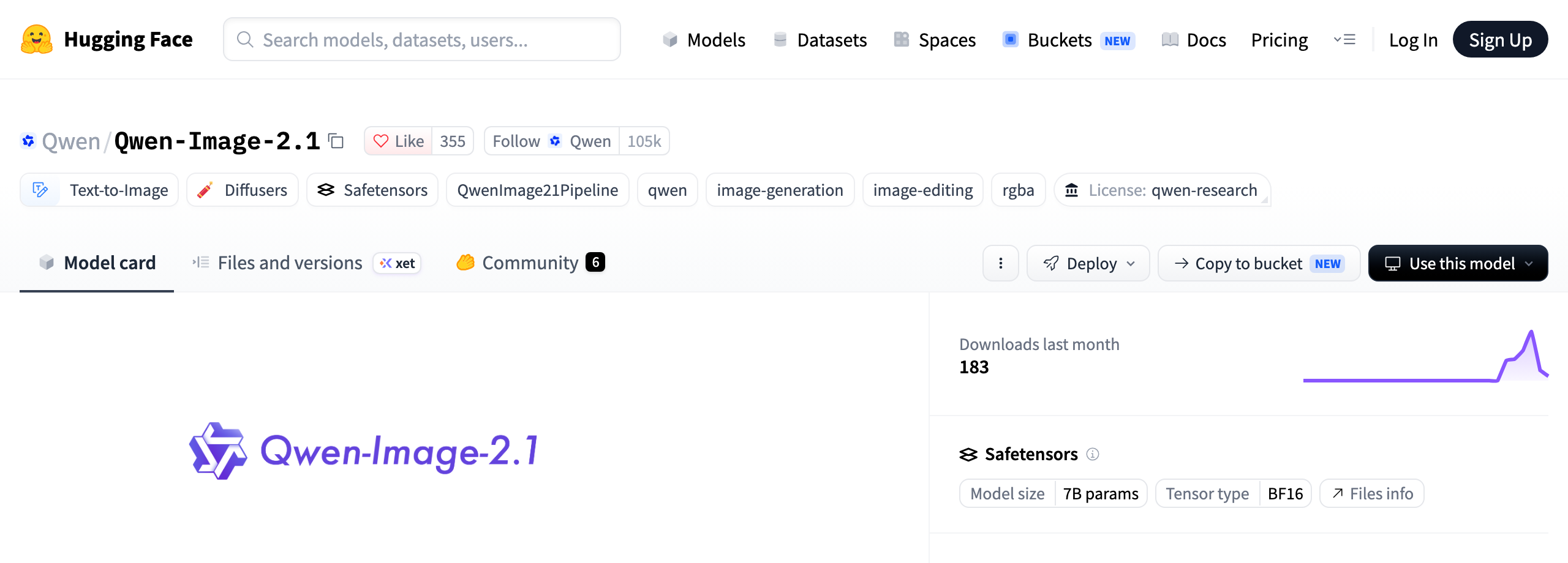 허깅페이스의 Qwen-Image-2.1 모델 페이지 상단. 모델 이름 아래 태그 줄에 Text-to-Image, Diffusers, rgba가 붙어 있고 오른쪽 끝에 License: qwen-research가 표시되어 있다. 오른쪽 정보 상자에는 Model size 7B params, Tensor type BF16이 적혀 있다