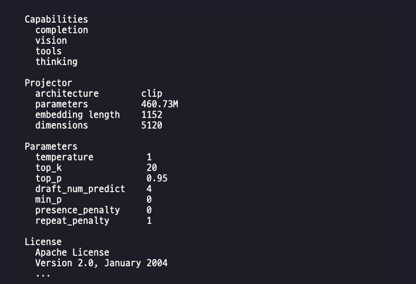 ollama show 명령 결과 화면. Capabilities에 completion, vision, tools, thinking이 있고 License가 Apache License Version 2.0으로 표시되어 있다