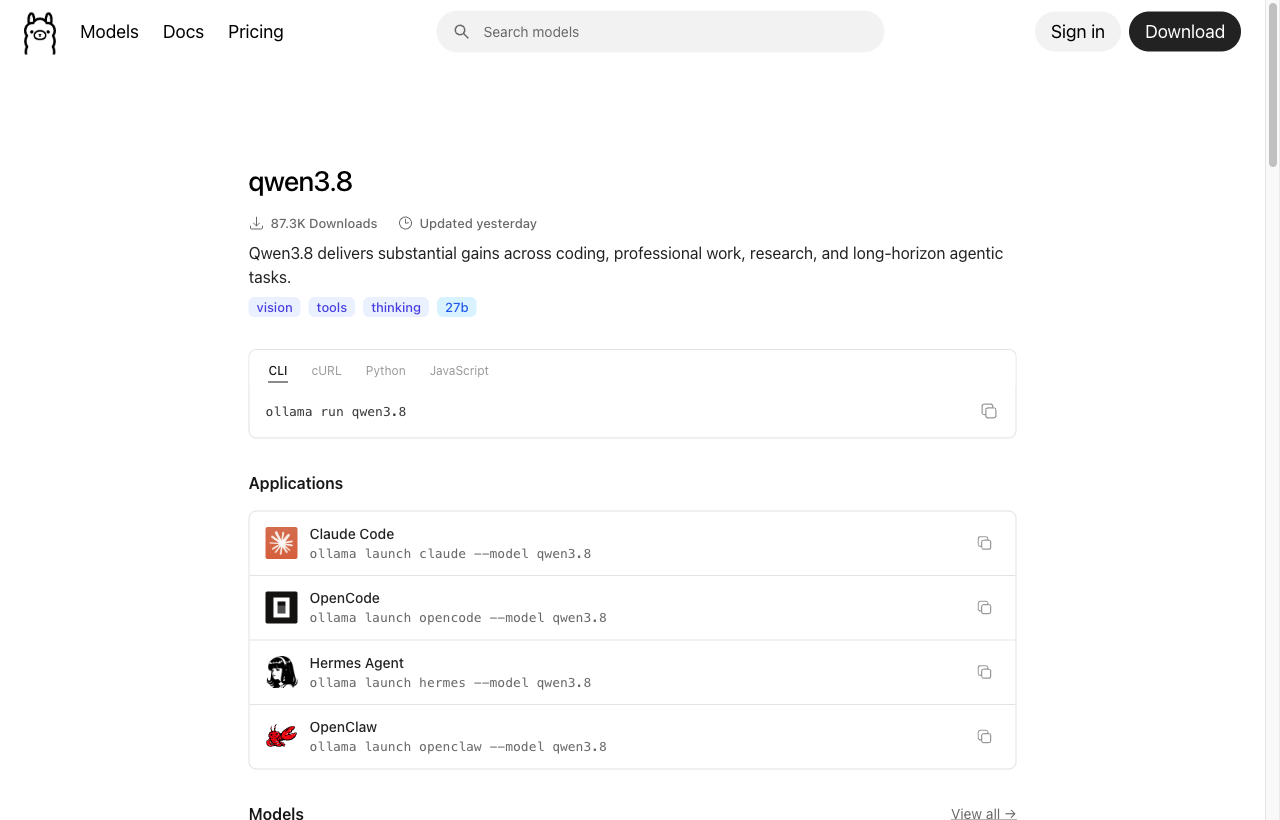 Ollama 라이브러리의 Qwen3.8 페이지. 27b 태그가 18GB, 컨텍스트 256K로 표시되어 있다