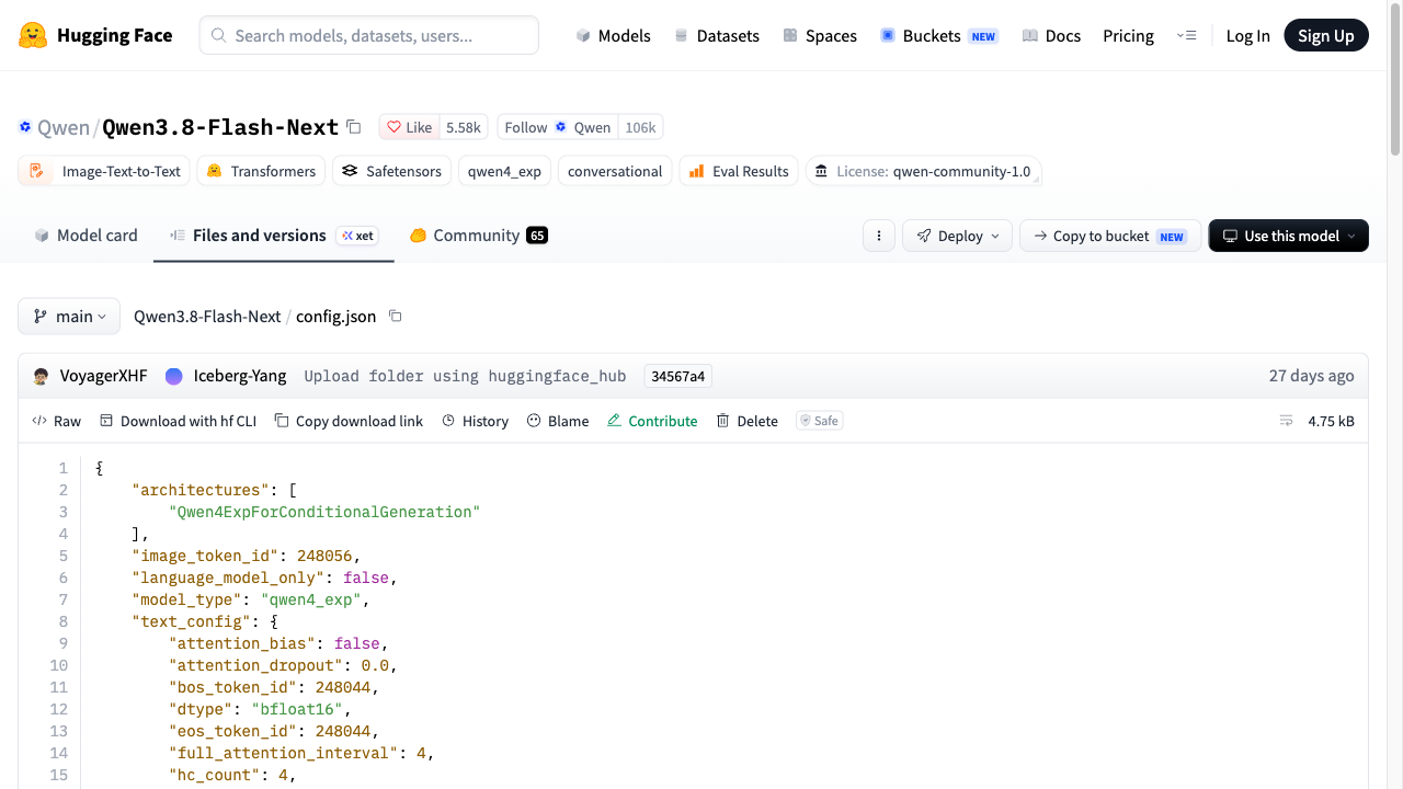 허깅페이스의 Qwen3.8-Flash-Next 저장소 config.json 화면. 상단 태그에 qwen4_exp와 라이선스 qwen-community-1.0이 붙어 있고, 파일 본문 3행에 Qwen4ExpForConditionalGeneration, 7행에 model_type이 qwen4_exp로 적혀 있다