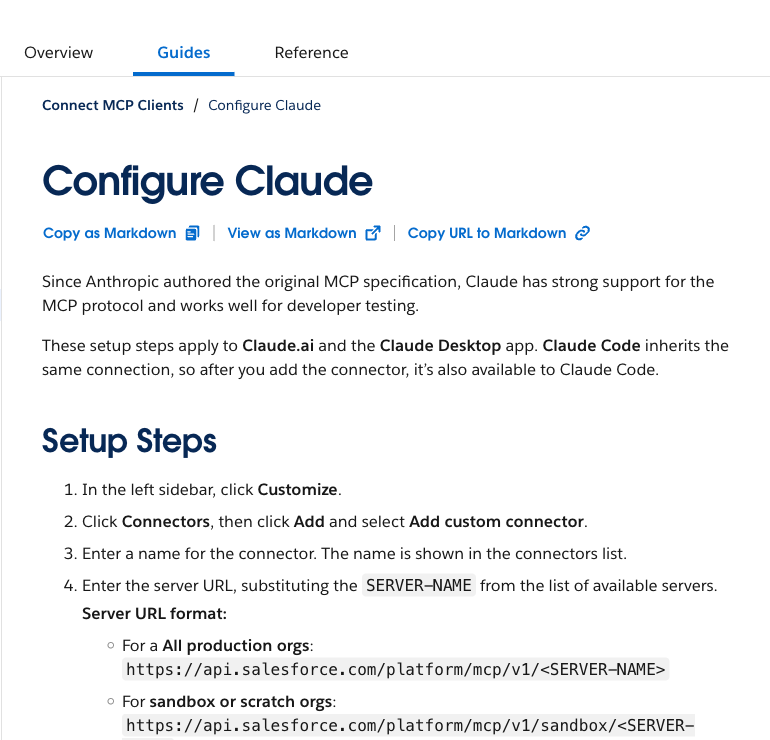 세일즈포스 개발자 문서의 Configure Claude 페이지. 왼쪽에 Connect MCP Clients 메뉴가 있고 본문에 클로드에서 커스텀 커넥터를 추가하는 설정 단계와 프로덕션 조직, 샌드박스 조직별 서버 주소 형식이 안내되어 있다