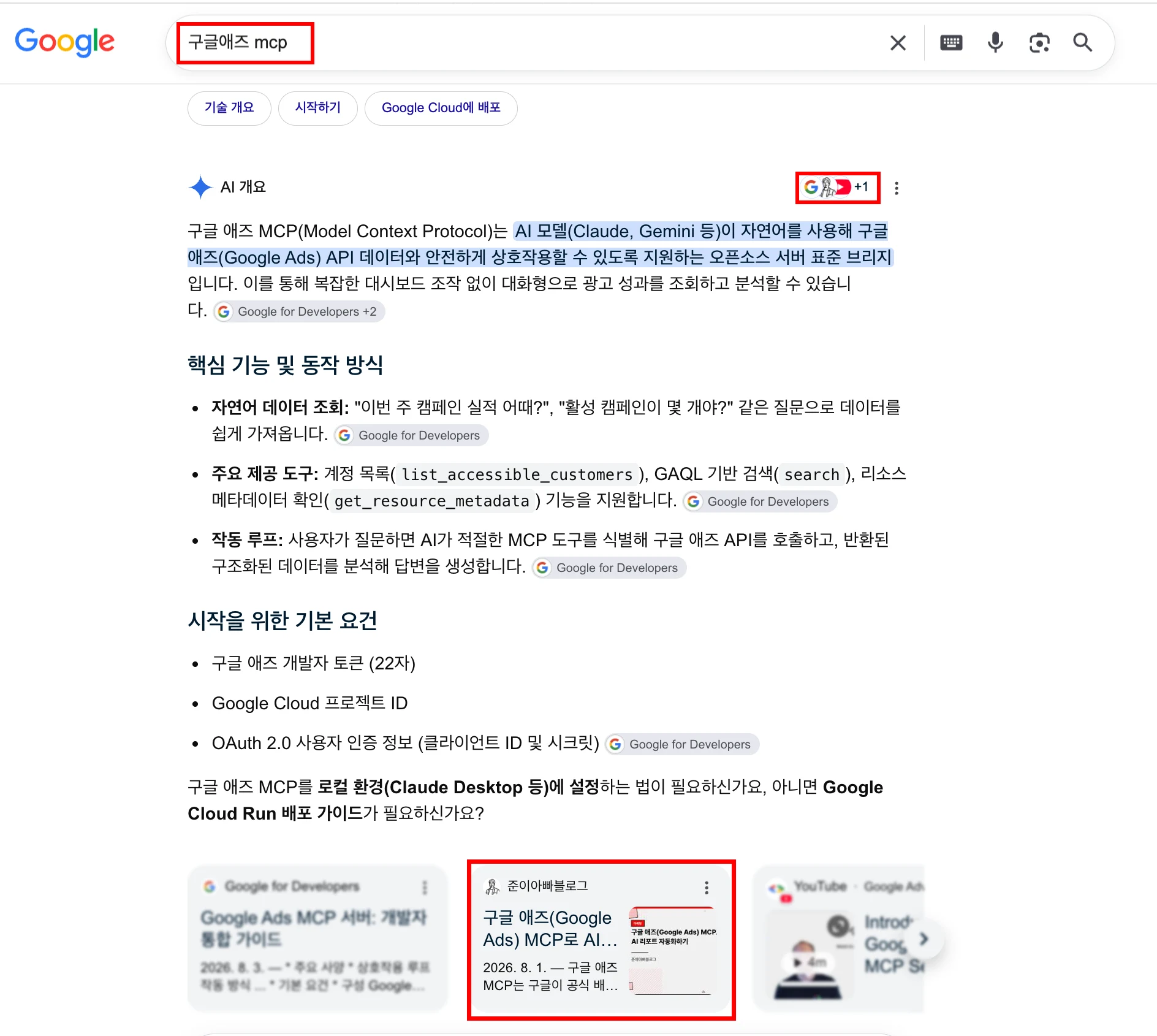 구글에서 구글애즈 mcp를 검색한 결과의 AI 개요 화면. 검색어, AI 개요 상단의 출처 아이콘 속 준이아빠블로그 캐릭터 썸네일, 하단 출처 카드의 준이아빠블로그 글 세 곳을 빨간 박스로 표시했다