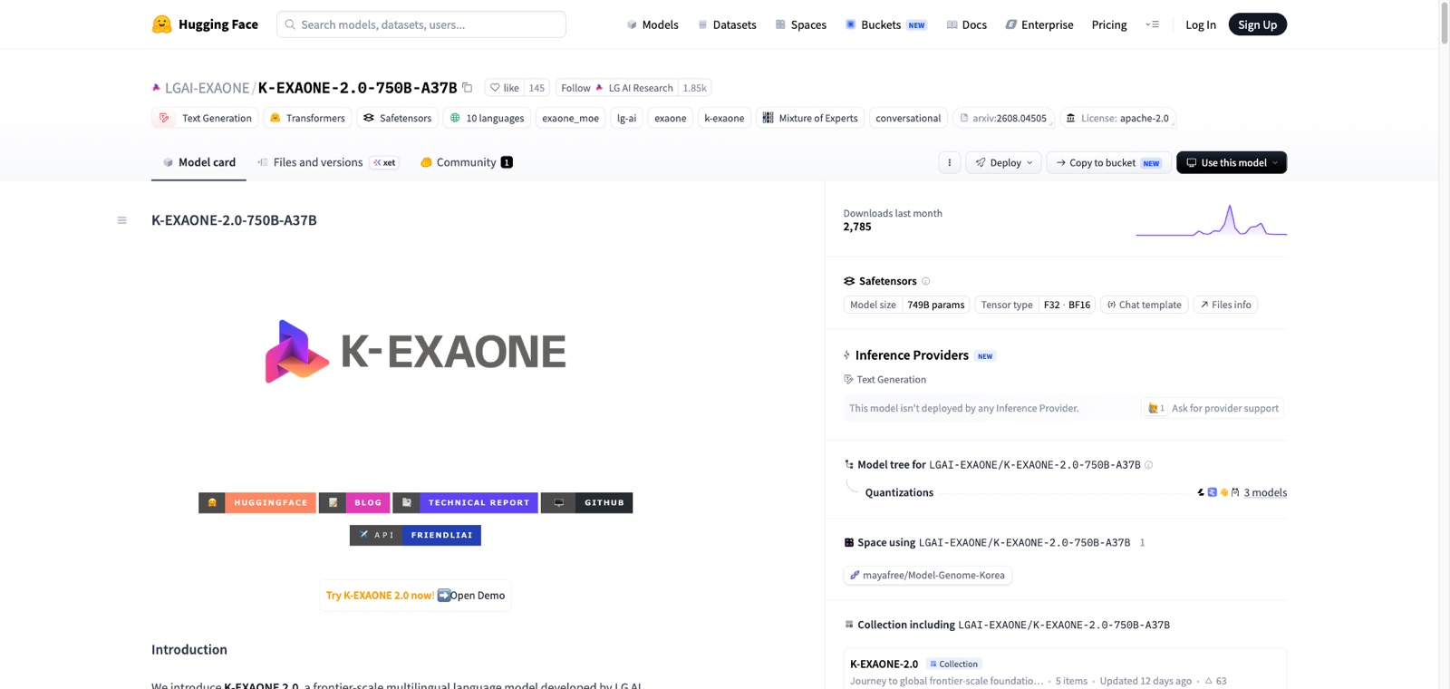 허깅페이스의 K-EXAONE 2.0 모델 페이지. 파라미터 749B, 아파치 2.0 라이선스, 10개 언어 지원 태그가 보인다