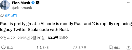 일론 머스크의 2026년 2월 20일 X 답글. Rust는 꽤 훌륭하다, xAI 코드는 대부분 Rust이고 X는 옛 트위터의 스칼라 코드를 빠르게 Rust로 바꾸고 있다고 적혀 있다. 조회수는 63.3만이다