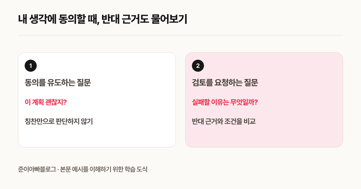 내 생각에 동의할 때, 반대 근거도 물어보기